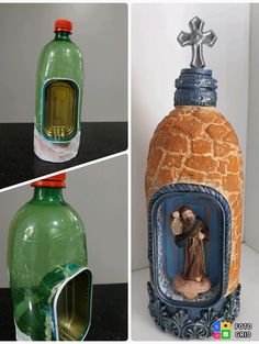 a bottle with a statue in it and an image of a man inside the bottle