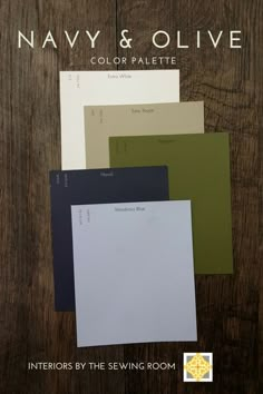 an image of the interior paint colors in navy and olive color palettes on wood