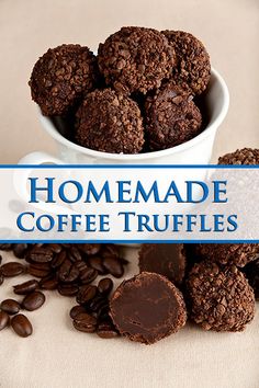 homemade coffee truffles in a white bowl surrounded by coffee beans