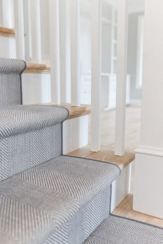 Blue Gray Flat Weave Wool Stair Runner Carpet The Carpet Workroom Boston Massachusetts Herringbone Stair Runner, Wool Stair Runner, Carpeted Stairs, Carpet Staircase, House Staircase, Staircase Remodel, Staircase Makeover, Hallway Designs