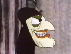 an animated image of a man with his mouth open and eyes wide open, standing next to a curtain