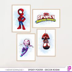 four spider - man posters are hanging on the wall in front of a white background