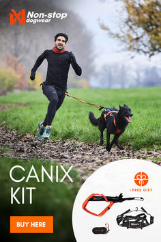 a man running with his dog on a leash in the park, and an ad for canix kit