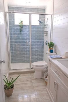 a white toilet sitting next to a shower in a bathroom under a blue tiled wall