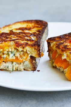 two pieces of grilled cheese and tomato sandwich sitting on a white plate next to each other