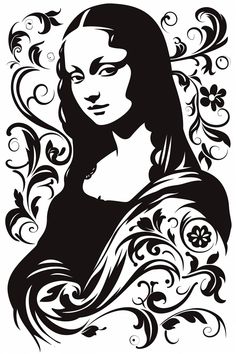 a black and white drawing of a woman's face with swirls on it