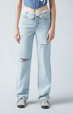 Upgrade your denim collection with PacSun's Eco Light Indigo Fold-Over Ripped '90s Boyfriend Jeans. Crafted from sustainably sourced cotton, these high-waisted jeans boast a fashionable fold-over waistband with a button fly closure, edgy ripped details, and a relaxed boyfriend fit, creating a perfect blend of comfort and style.Learn more about PacSun eco items PacSun Womens Eco Light Indigo Fold-Over Ripped '90s Boyfriend Jeans - Blue size 22 Folding Jeans, 90s Boyfriend, Jeans Pacsun, Denim Collection, Boyfriend Fit, Baggy Fits, Pacsun, High Waist Jeans, Boyfriend Jeans