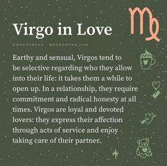 the virgo in love poem is written on a green background with zodiac symbols around it