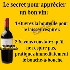 a bottle of wine sitting on top of a yellow background with words in french and english