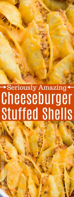 cheesy cheeseburger stuffed shells with text overlay