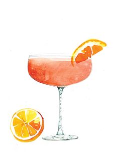 a watercolor painting of a cocktail with an orange slice