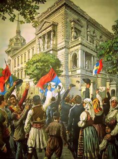 a painting of people holding flags in front of a building