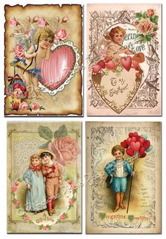 four vintage valentine cards with cherubs and hearts