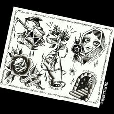 an old school tattoo flash sheet with roses and other tattoos on the back of it