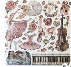 a collage of various items including a violin, ballerina and roses