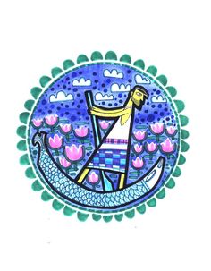 a drawing of a man standing on an anchor in the water with flowers around him