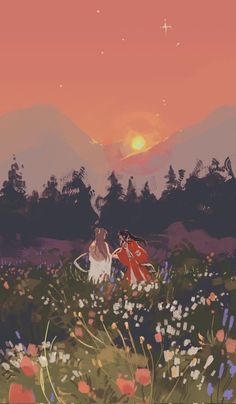 two people are standing in a field with flowers and mountains in the background at sunset