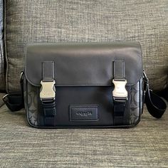 Smooth Calf Leather And Signature Coated Canvas Inside Multifunction Pockets Zip And Speedclip Closures, Fabric Lining Outside Slip Pocket Adjustable Strap With 25" Drop For Shoulder Or Crossbody Wear 10 1/2" (L) X 7" (H) X 2 1/2" (W) Style No. C3747 Gray Business Bags With Silver-tone Hardware, Black Functional Coach Shoulder Bag, Mens Bag, Coach Men, Messenger Bag Men, Signature Canvas, 7 H, Coach Bags, Calf Leather