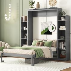 a bedroom with a bed, bookshelf and shelves