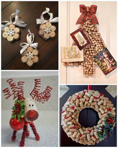 wine cork wreaths and other holiday decorations are featured in this postcard collage