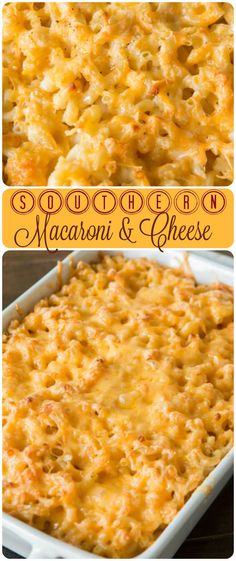 macaroni and cheese casserole is shown in two different pictures, one with the