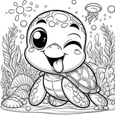 a cartoon turtle with its tongue out sitting on the ground surrounded by seaweed and jellyfish