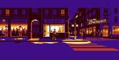 an image of a city street at night with people walking and riding bikes in front of storefronts