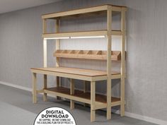 a wooden shelf with two shelves on each side