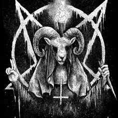 a goat with horns and two crossed swords in front of an inverted design on a black background