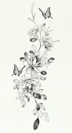 a black and white drawing of flowers with butterflies