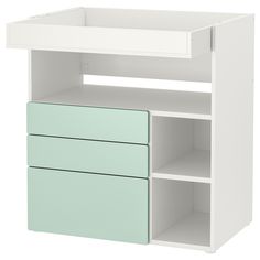 a baby changing table with two drawers in white and mint green, against a white background