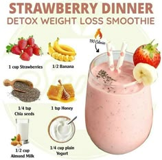 a smoothie with strawberries, bananas, and other ingredients to make it into a drink