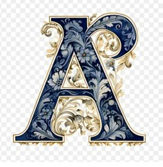 an ornate letter with blue and gold accents