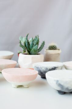 several bowls with different shapes and sizes are on a table next to a succulent plant