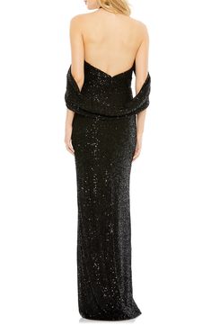 A drapey piece of fabric wraps around the shoulders of this party-ready gown featuring keyhole cutouts, shimmering sequins and a sultry side slit. 62 1/2" length Halter neck Lined Asian Owned/Founded 100% polyester Spot clean Imported Formal Prom Dresses Long, Cutout Gown, Formal Ball Gown, Prom Dresses For Sale, Unique Prom Dresses, Prom Designs, Designer Prom Dresses, Short Cocktail Dress, Mac Duggal