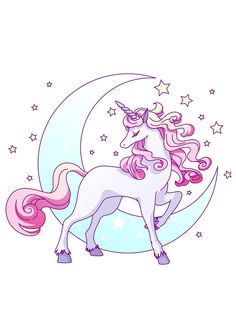 a unicorn standing on the moon with stars and clouds in the background, it's pink hair