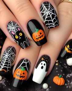 Spooky Nail Designs, Spooky Nail, Halloween Nail Art Ideas, Orange Nail Art, Pastel Nail Art, Halloween Acrylic, Witchy Nails, Funky Nail Art