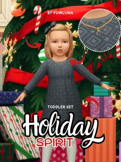 a doll is standing in front of a christmas tree with presents around her and the words holiday spirit written below it