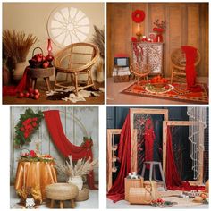 four different pictures with red and gold decor on them, including chairs, table cloths, vases and decorations