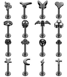 several different types of piercings are shown in black and silver colors, each with an individual's own design