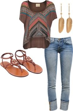 spring fashion outfit in boho bohemian hippie gypsy style. Clothing combination. Brown Outfits, Hot Style, Pinterest Closet, Women's Outfits, Cute Sandals, Coach Bag