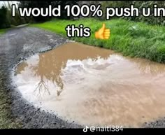 a muddy road with mud puddles and thumbs up sign in the foreground that says, i would 100 % push u into this