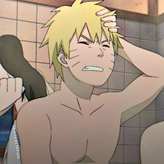 an anime character is brushing his hair in the bathroom