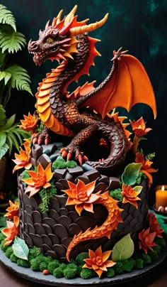 a cake decorated with flowers and a dragon figurine on top is sitting on a table