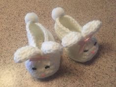 "Ready to Ship*  In sizes newborn to 3 months. or 3-6months. Each slipper has a pompom on the back. The new born slipper measures 3\" from toe to heal. So cute for baby girls.  Made in a smoke and pet free home." Rabbit Slippers, Crochet Christmas Stocking, Christmas Crochet, Bunny Rabbit, Our Kids, Hand Warmers, 3 Months, Christmas Stockings