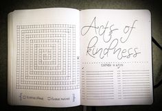 an open notebook with the words acts of kindness written in cursive writing on it