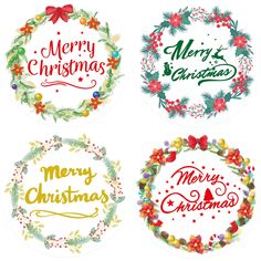 four christmas wreaths with merry lettering on them