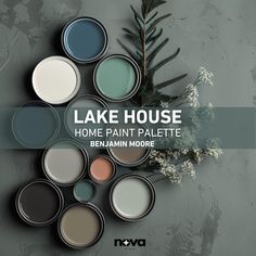 the words lake house home paint palette are surrounded by various shades of gray and white