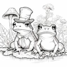 two frogs sitting next to each other in the grass with mushrooms and flowers behind them