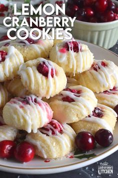 lemon cranberry cookies with icing on a plate